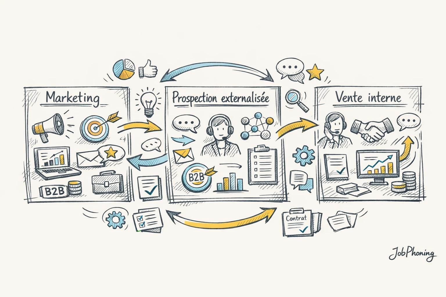 Schéma représentant la coopération marketing, SDR externalisés et commerciaux via trois cercles reliés à un