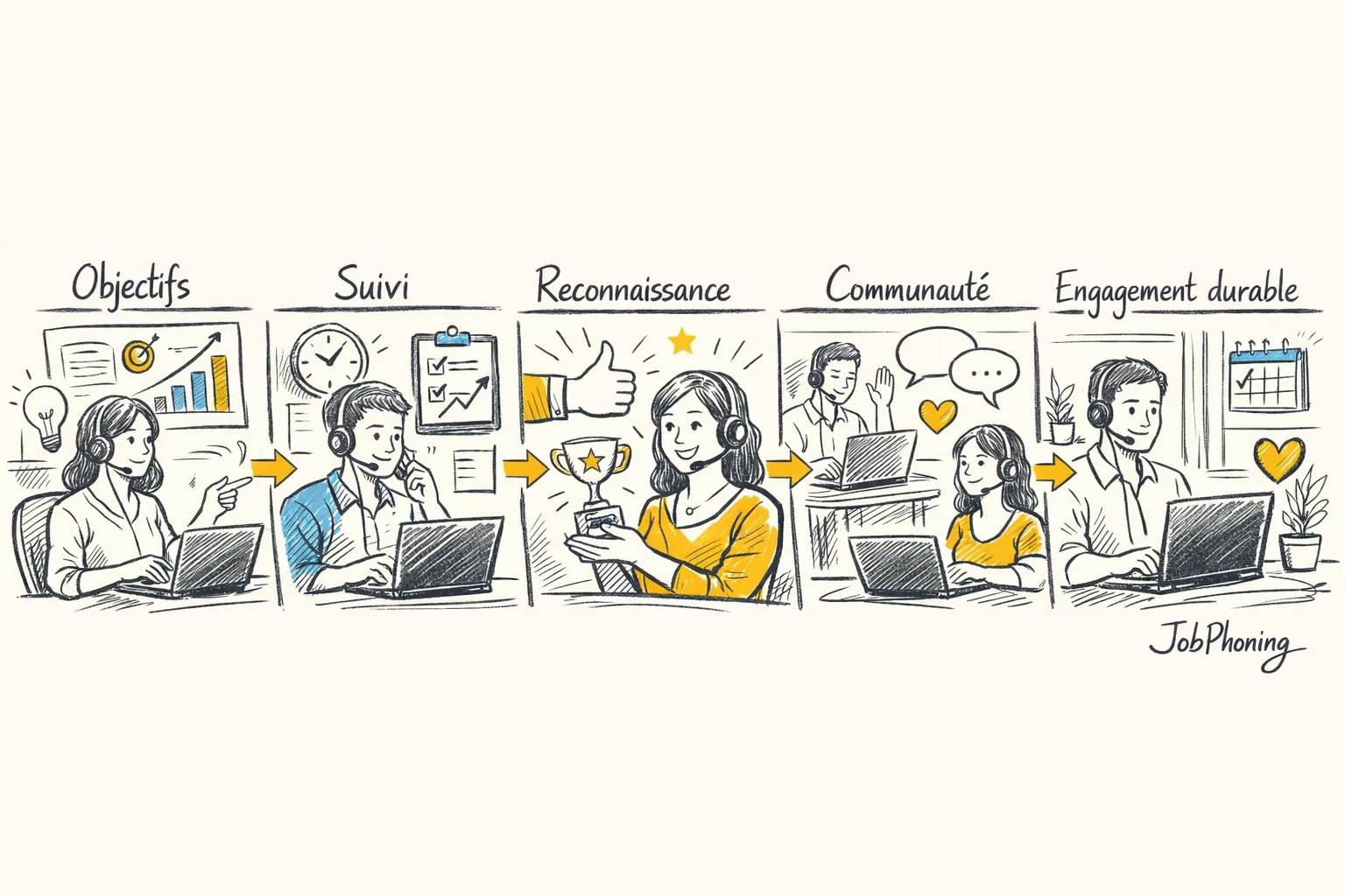 Infographie représentant parcours de motivation homeshoring via flèches, blocs reliés, symboles abstraits.