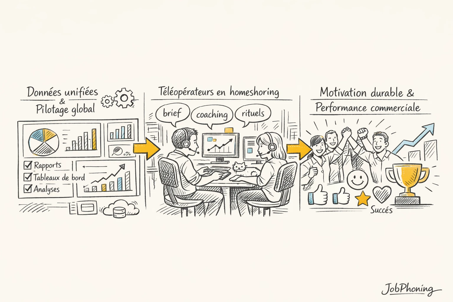Infographie représentant l’intégration de la motivation en homeshoring via un réseau de blocs reliés à