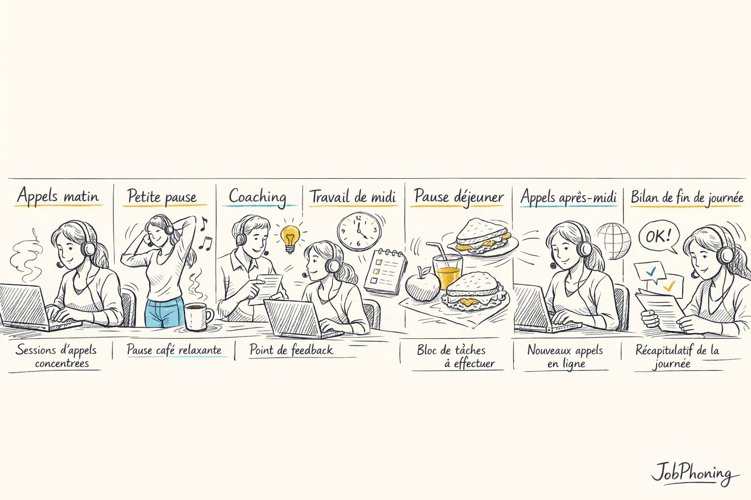 Schéma représentant une journée structurée en télétravail via enchaînement de blocs et flèches minimalistes colorés.