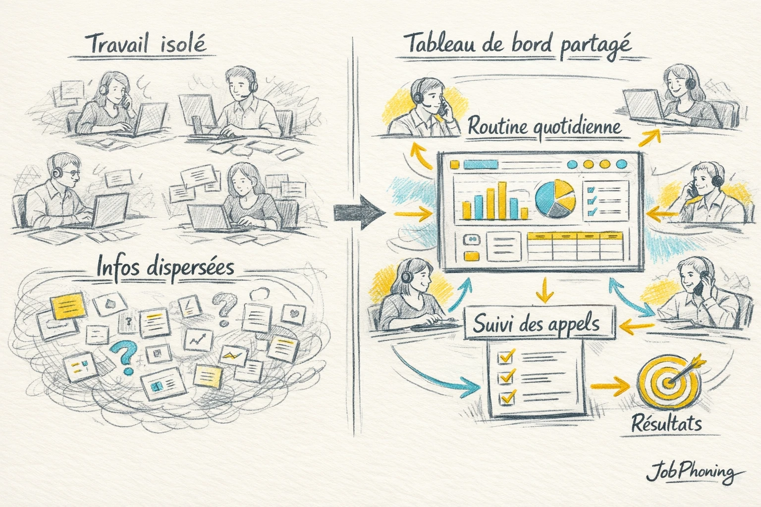 Infographie représentant l’organisation d’appels à distance via hub central et noeuds connectés