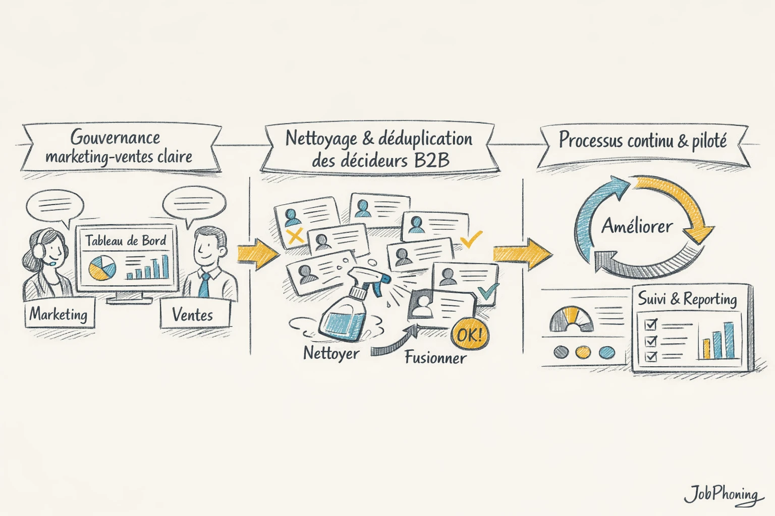 Schéma représentant la coordination marketing-ventes via deux flux colorés convergeant vers une base CRM centralisée.