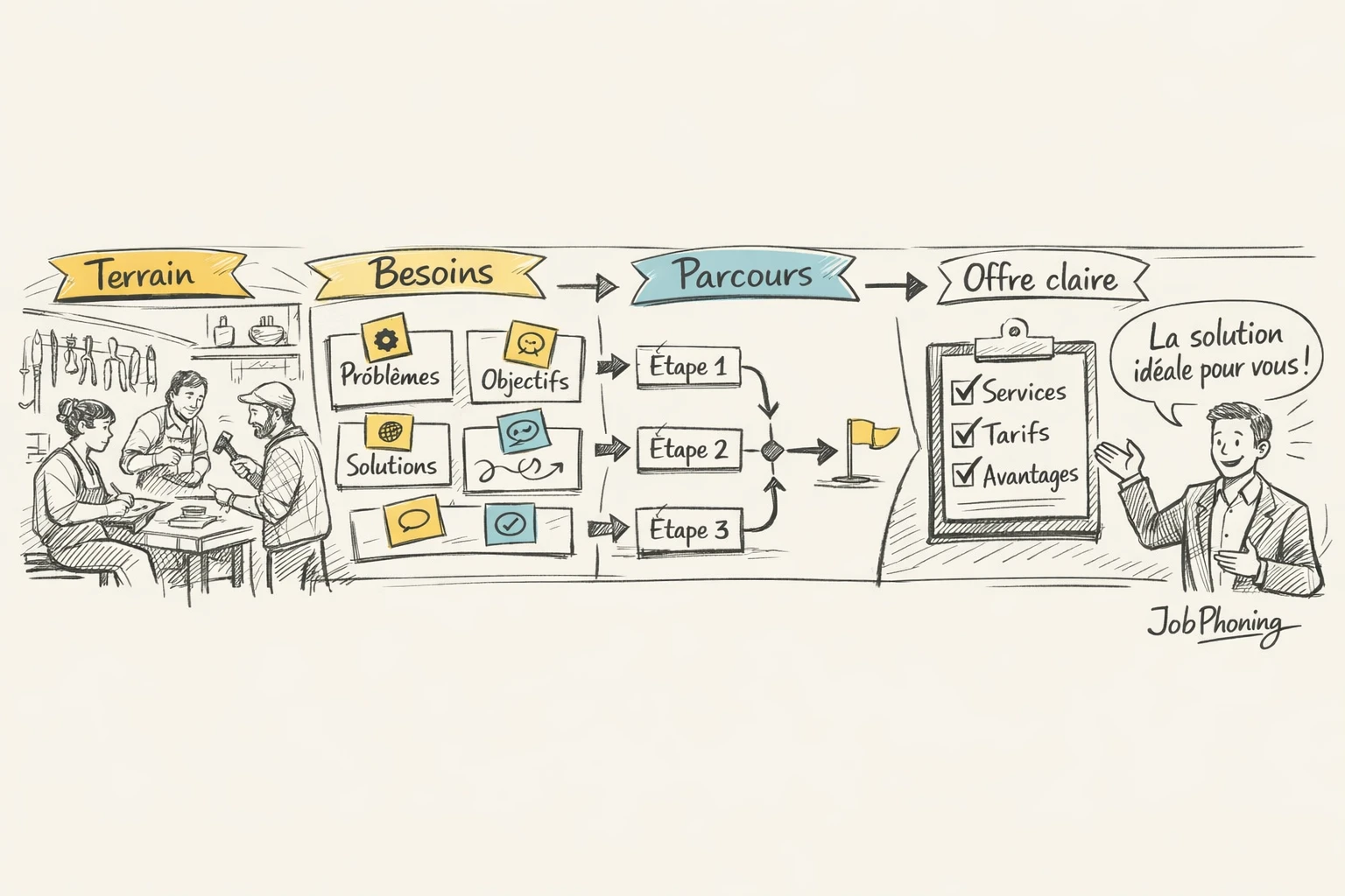 Schéma représentant la structuration d’une offre pour artisans via six blocs reliés par des flèches