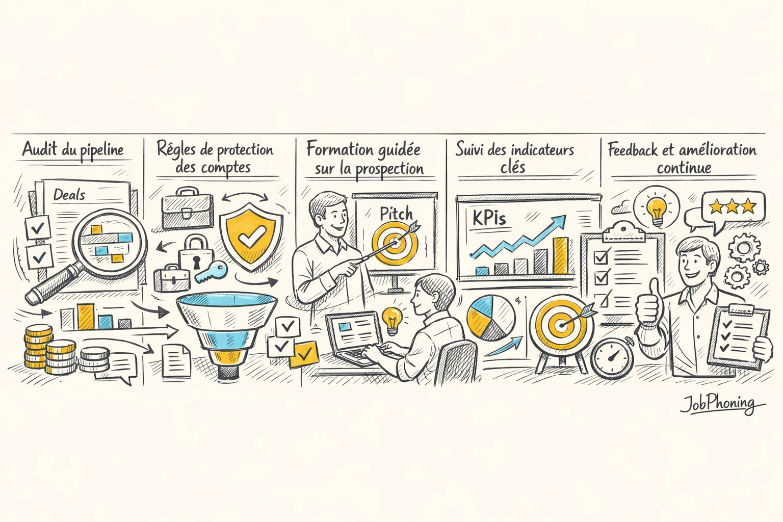 Schéma représentant l’intégration de nouveaux commerciaux via un flux d’étapes reliées et encadrées.