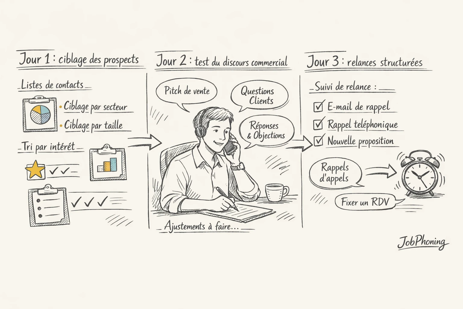 Schéma représentant un plan d’appels structuré via blocs séquentiels et flèches interconnectées