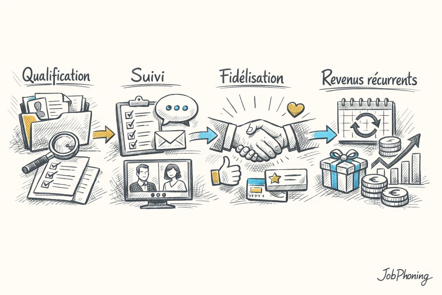 Schéma représentant un processus de closing B2B structuré via blocs reliés et flèches séquentielles.