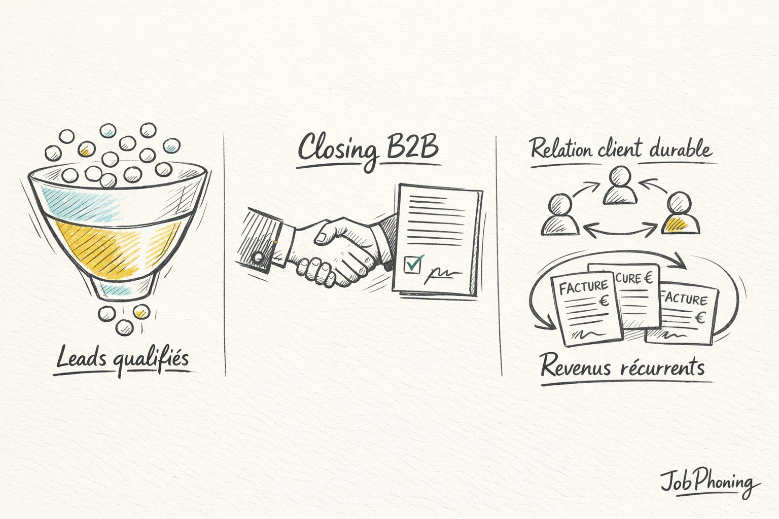 Schéma représentant le rôle du closing B2B via pipeline, entonnoir et boucle de fidélisation interconnectés.