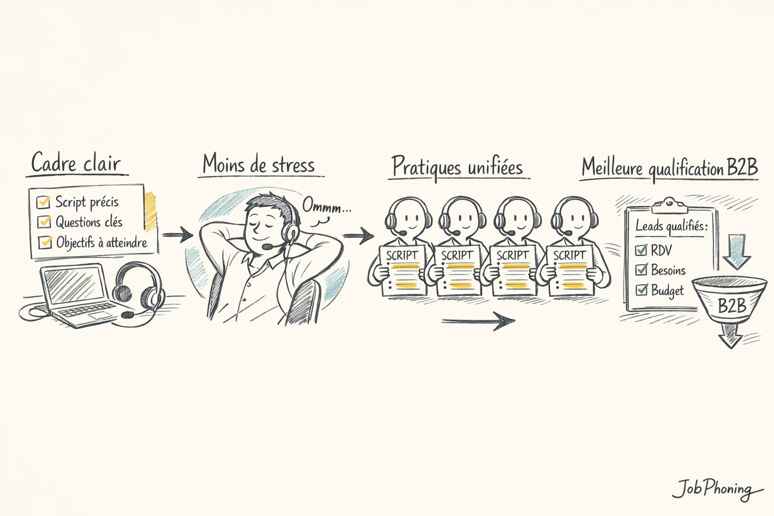 Schéma représentant un script d’appel structuré via blocs séquentiels reliés par flèches bleues et jaunes.