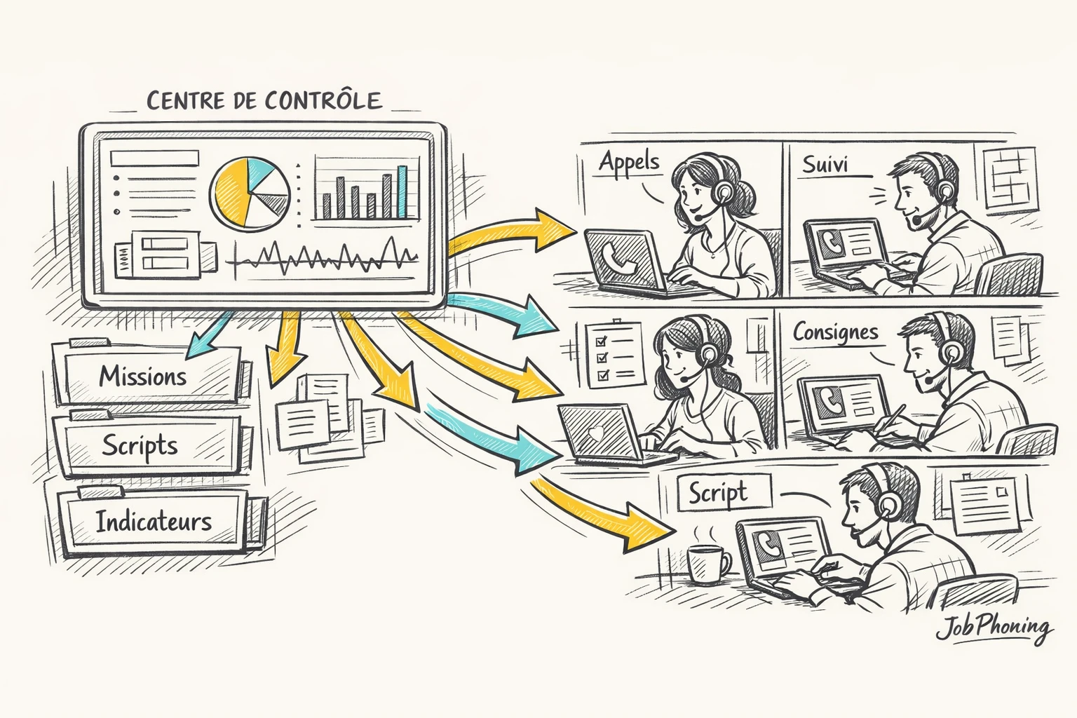 Schéma représentant l’intégration de téléprospecteurs distants via un hub central et plusieurs nœuds connectés.