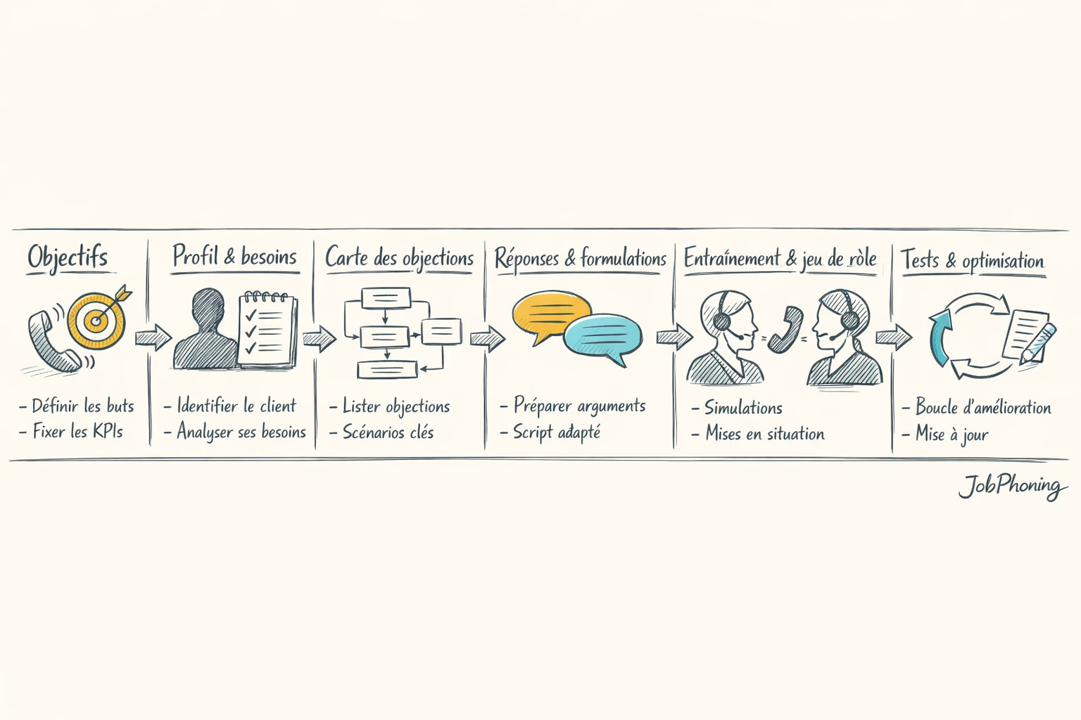 Schéma représentant la construction d’un script d’appels B2B via blocs reliés illustrant étapes et branches