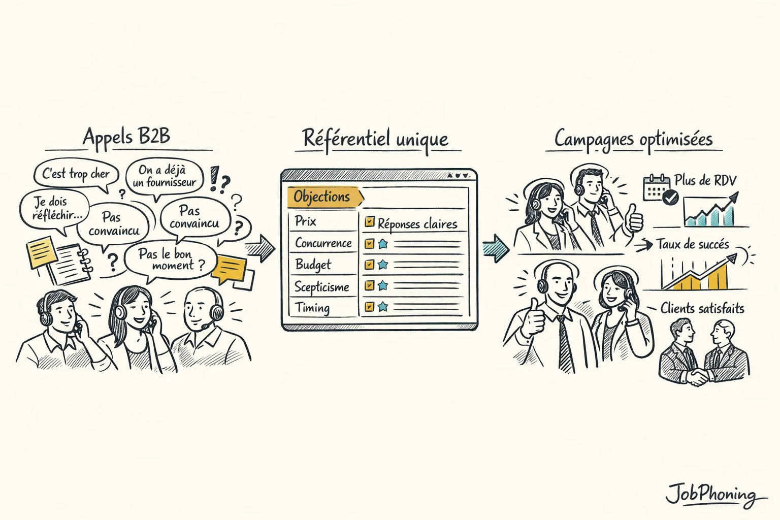 Infographie représentant la structuration des objections commerciales via un cylindre central connecté à plusieurs blocs
