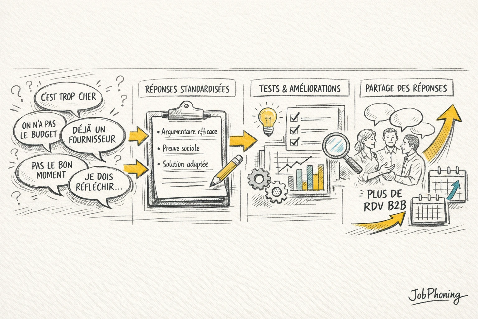 Schéma représentant la préparation structurée aux objections commerciales via blocs reliés en séquence et flèches