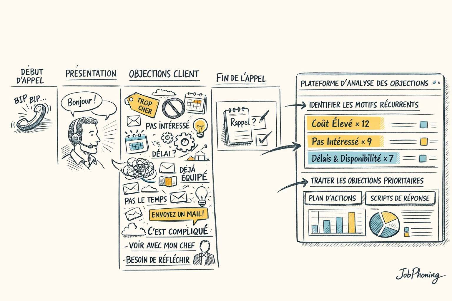 Infographie représentant les objections d’appels B2B via pipeline d’étapes et hub analytique central