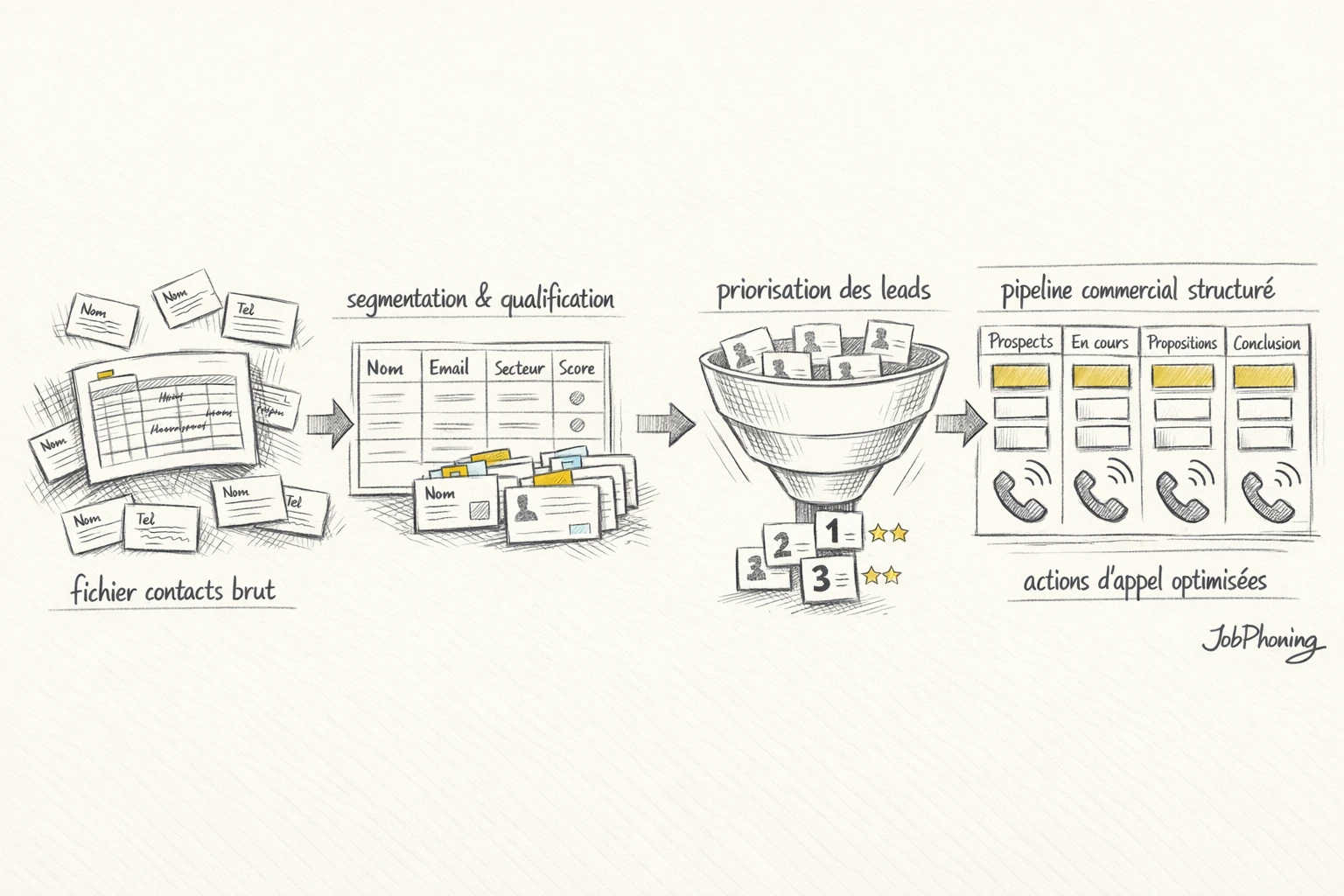 Schéma représentant l’organisation d’une base de contacts B2B via blocs reliés séquentiellement
