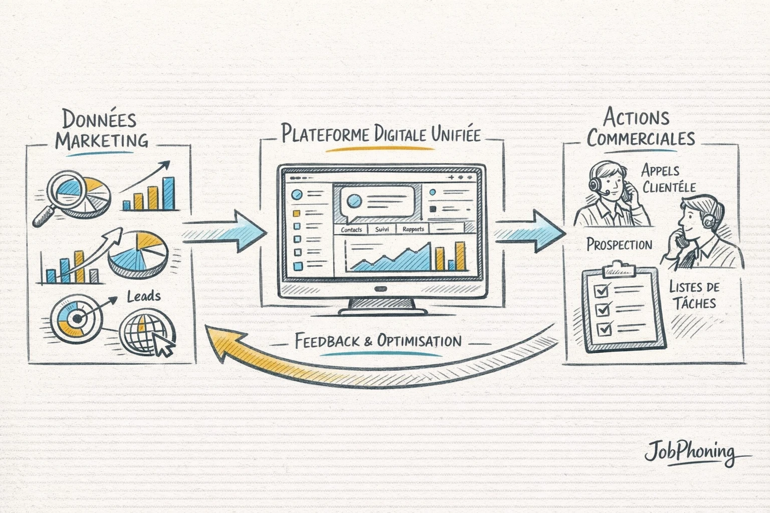 Schéma représentant la coordination qualification marketing-ventes via hub central, blocs reliés, files d’appels abstraites.