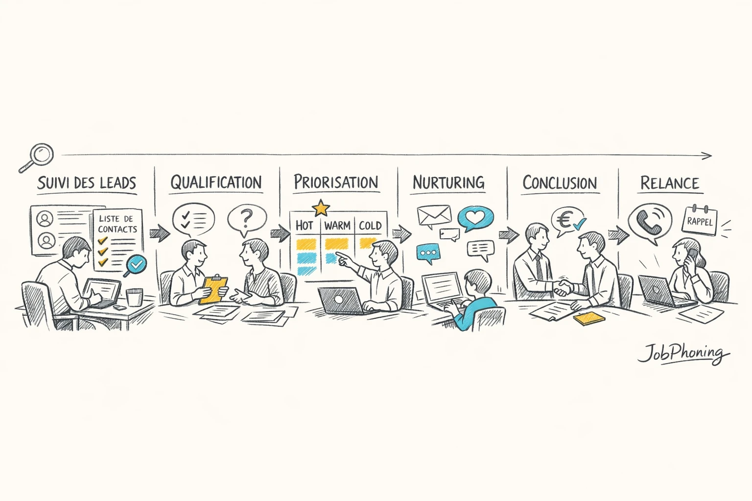 Schéma représentant un pipeline commercial d’agence web via blocs reliés et flèches successives.