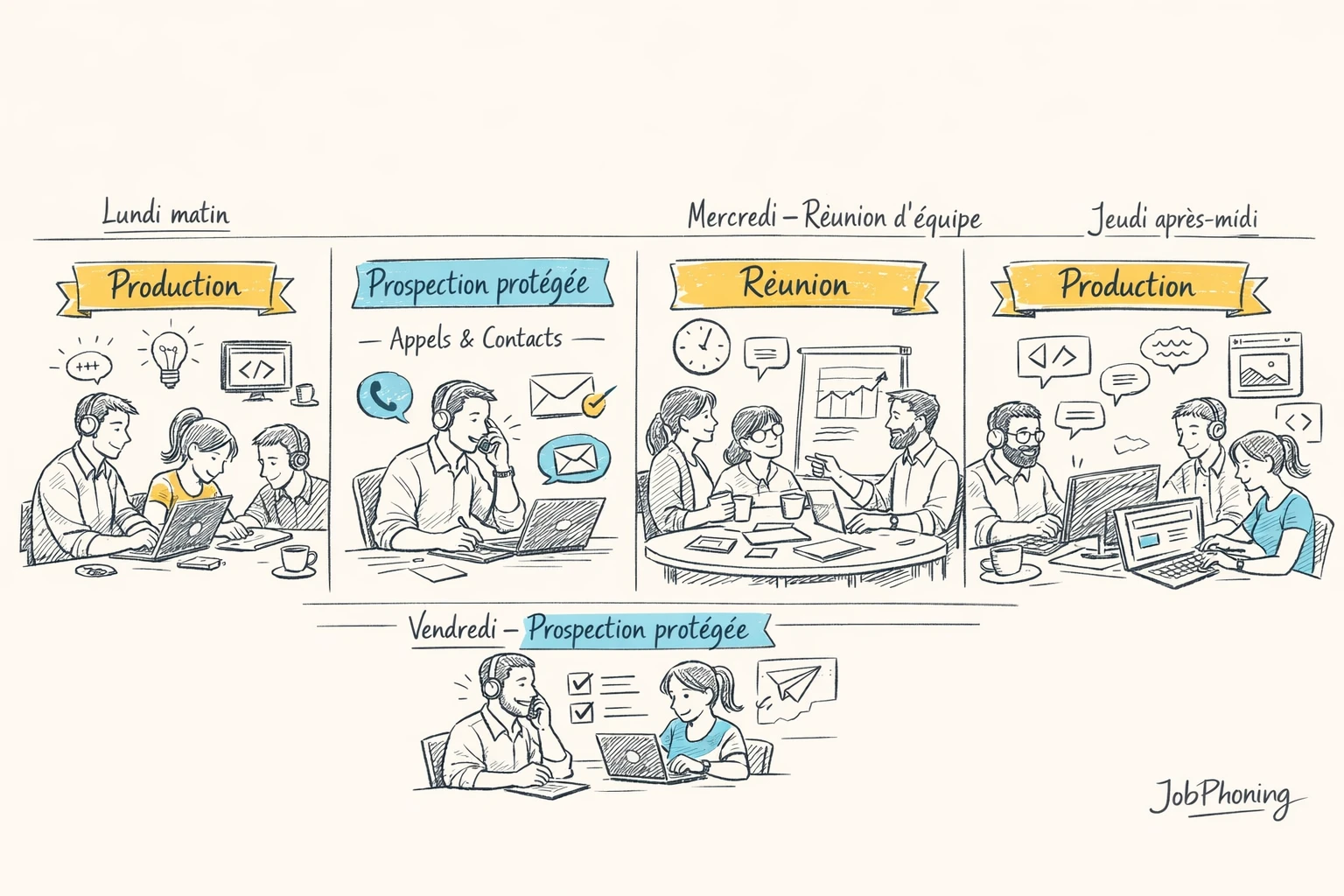 Schéma représentant l’intégration régulière de la prospection dans la semaine via cercle agenda et blocs