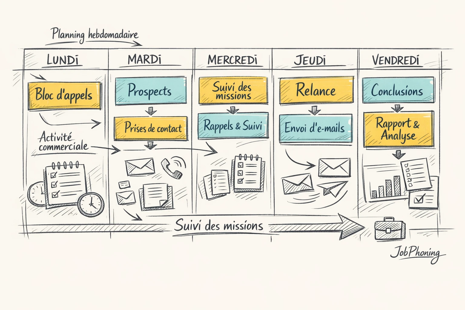Infographie représentant un planning d’appels structurant via un grand calendrier hebdomadaire central et des blocs