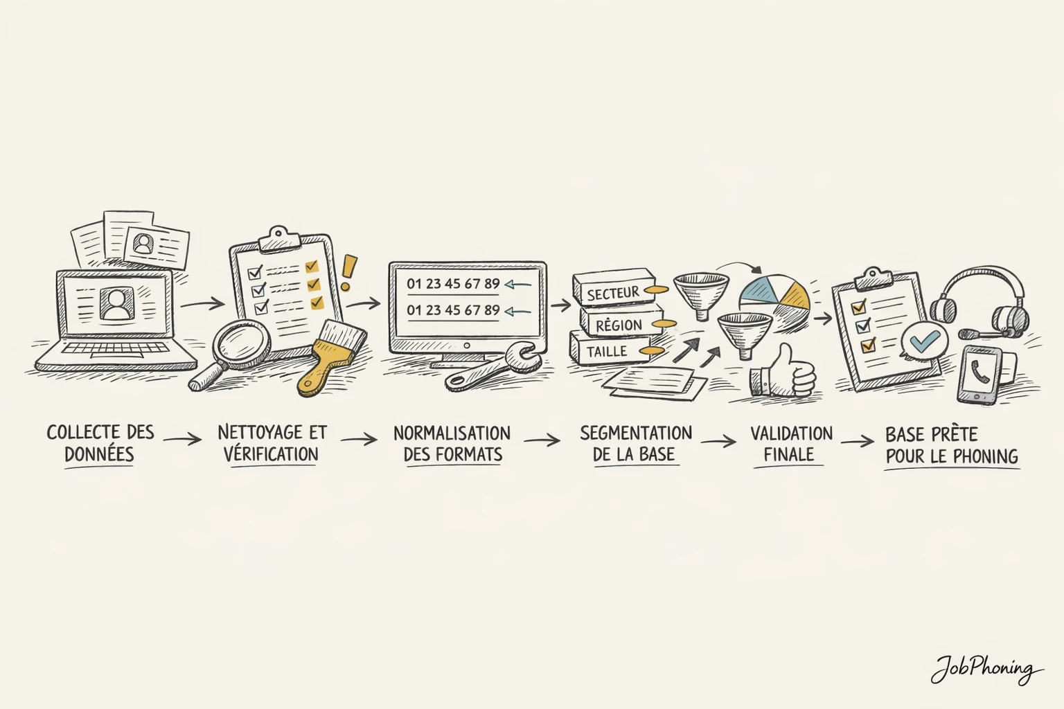 Schéma représentant l’organisation du traitement d’une base d’appels via blocs successifs reliés par des flèches.