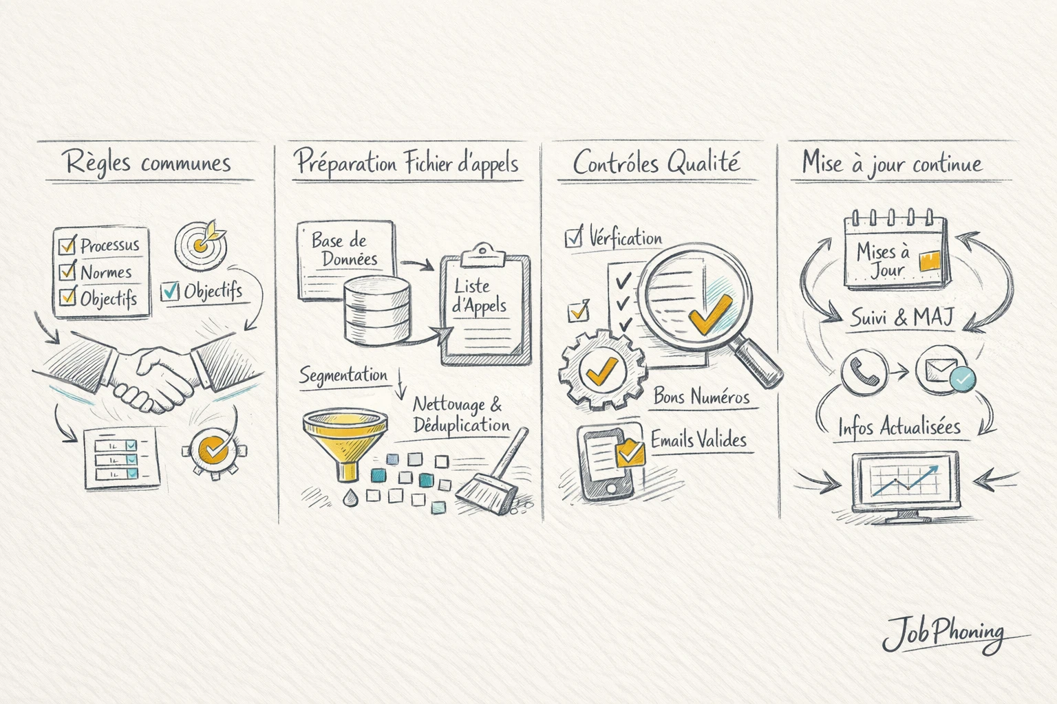 Schéma représentant la coordination marketing-vente via piliers, base de données centrale et boucle de retour.