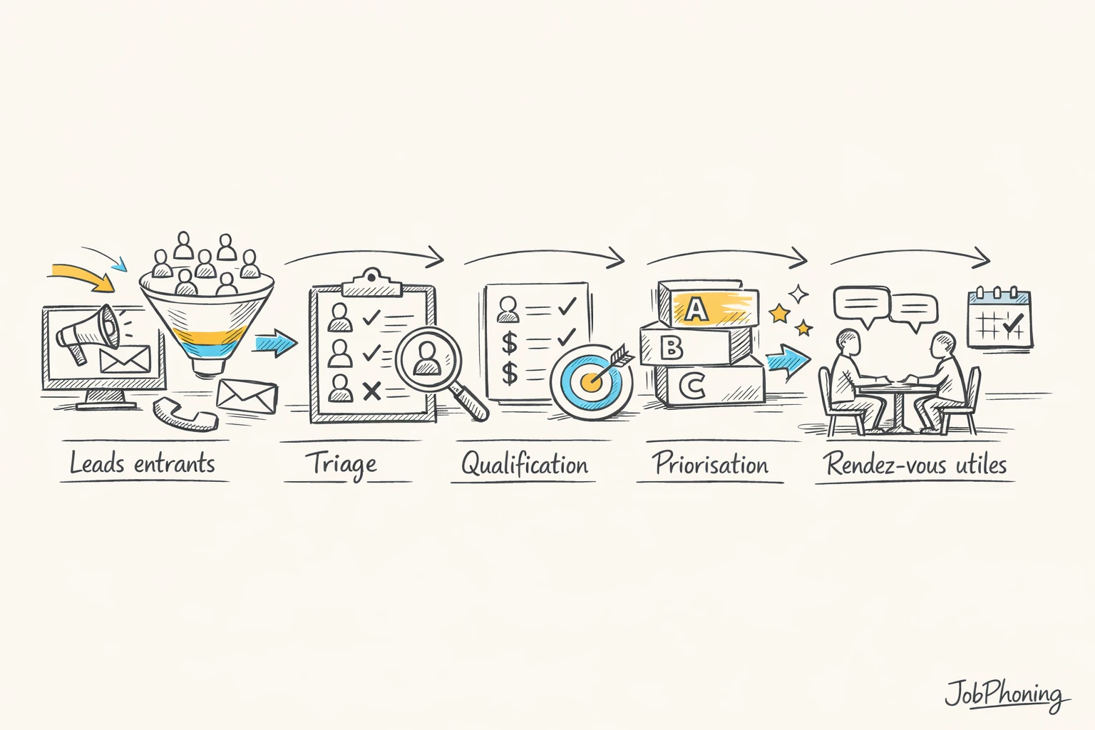 Schéma représentant un parcours de Sales Development via une succession de blocs reliés et flèches