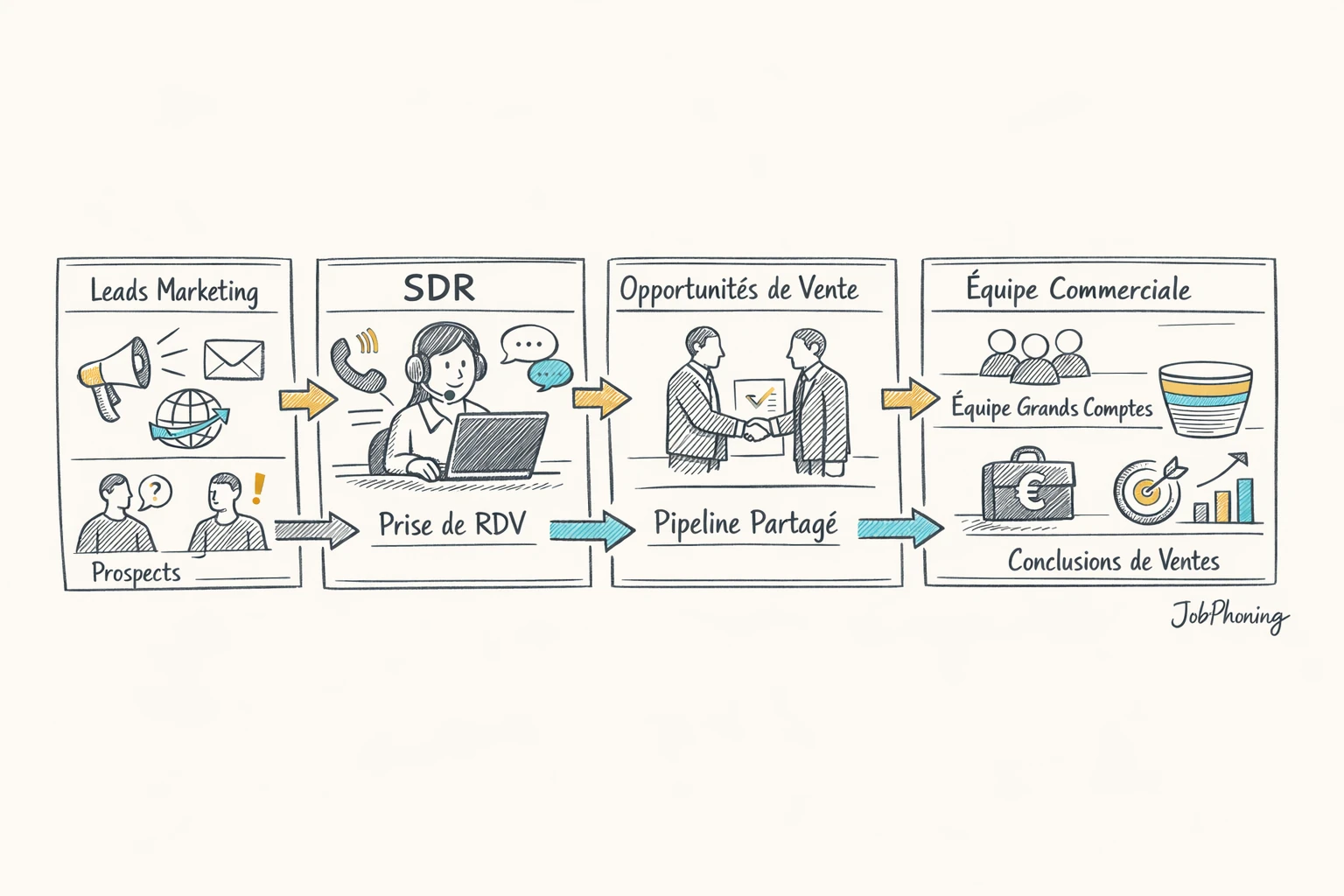 Schéma représentant l’intégration du Sales Development via hub central reliant marketing, canaux d’appels et pipeline