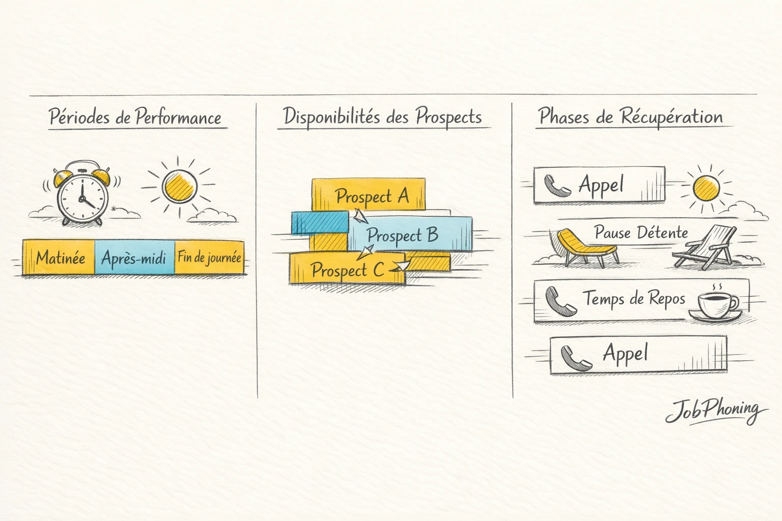 Schéma représentant l’optimisation d’un planning d’appels à domicile via blocs horaires et flèches séquencées.
