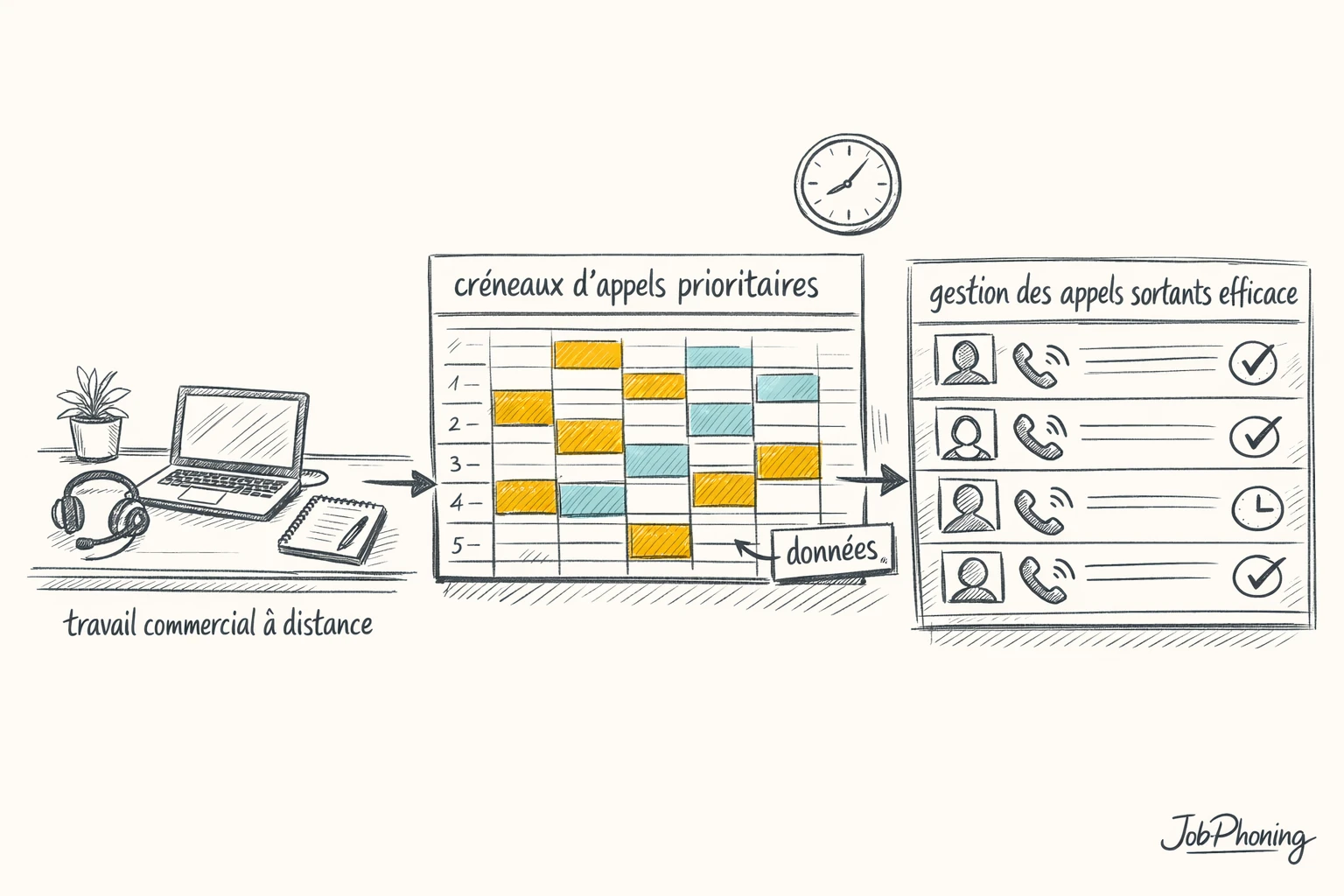 Schéma représentant l’optimisation des créneaux d’appels via blocs horaires colorés et flux géométriques convergents.