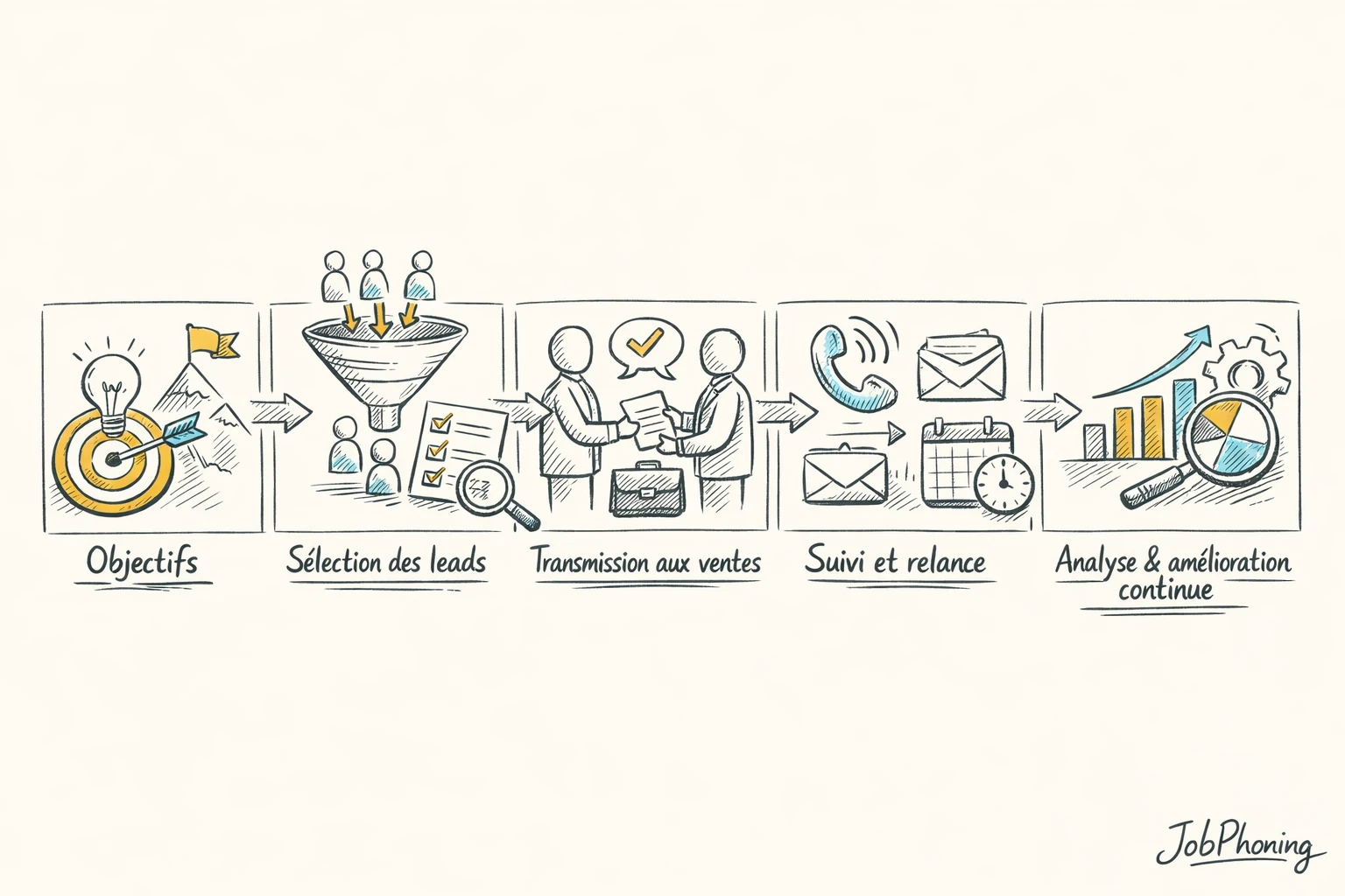 Schéma représentant un processus d’achat de leads qualifiés via blocs reliés et flèches minimalistes