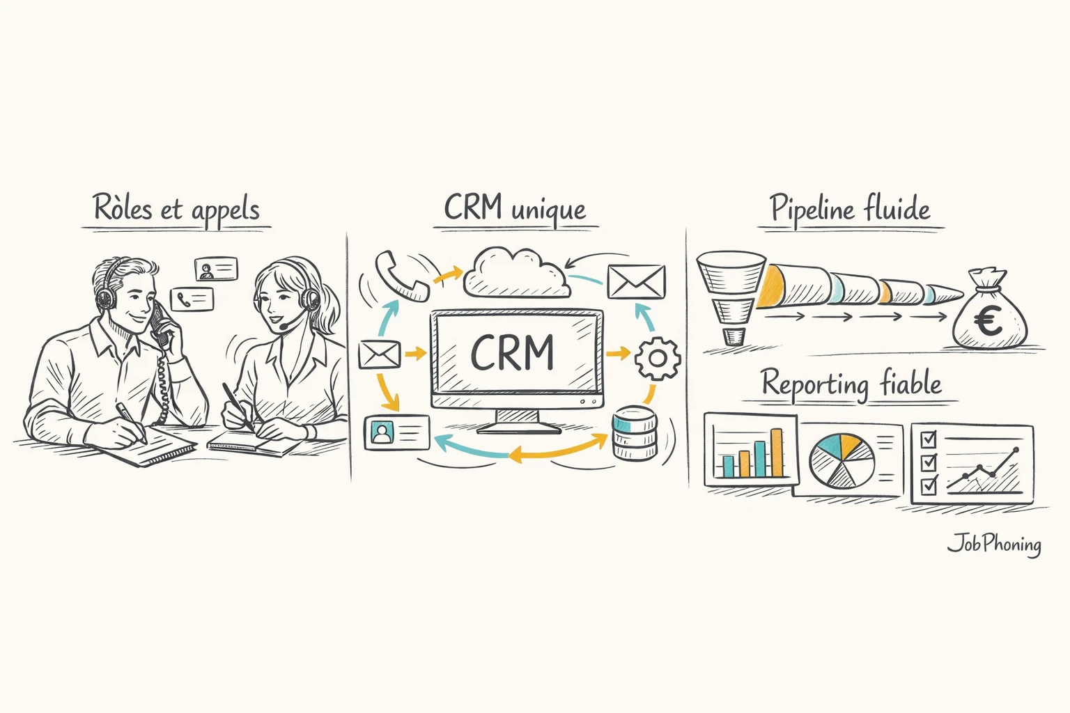 Infographie représentant l’intégration du cold calling au CRM via un noyau central relié à plusieurs