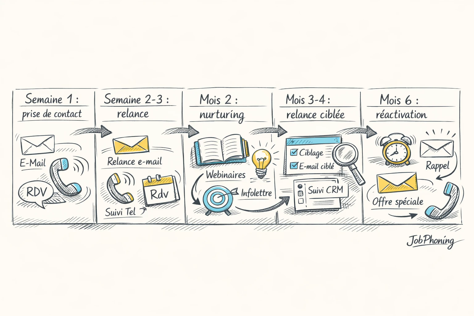 Schéma représentant un suivi prospects sur plusieurs mois via flèches, blocs et calendriers abstraits.