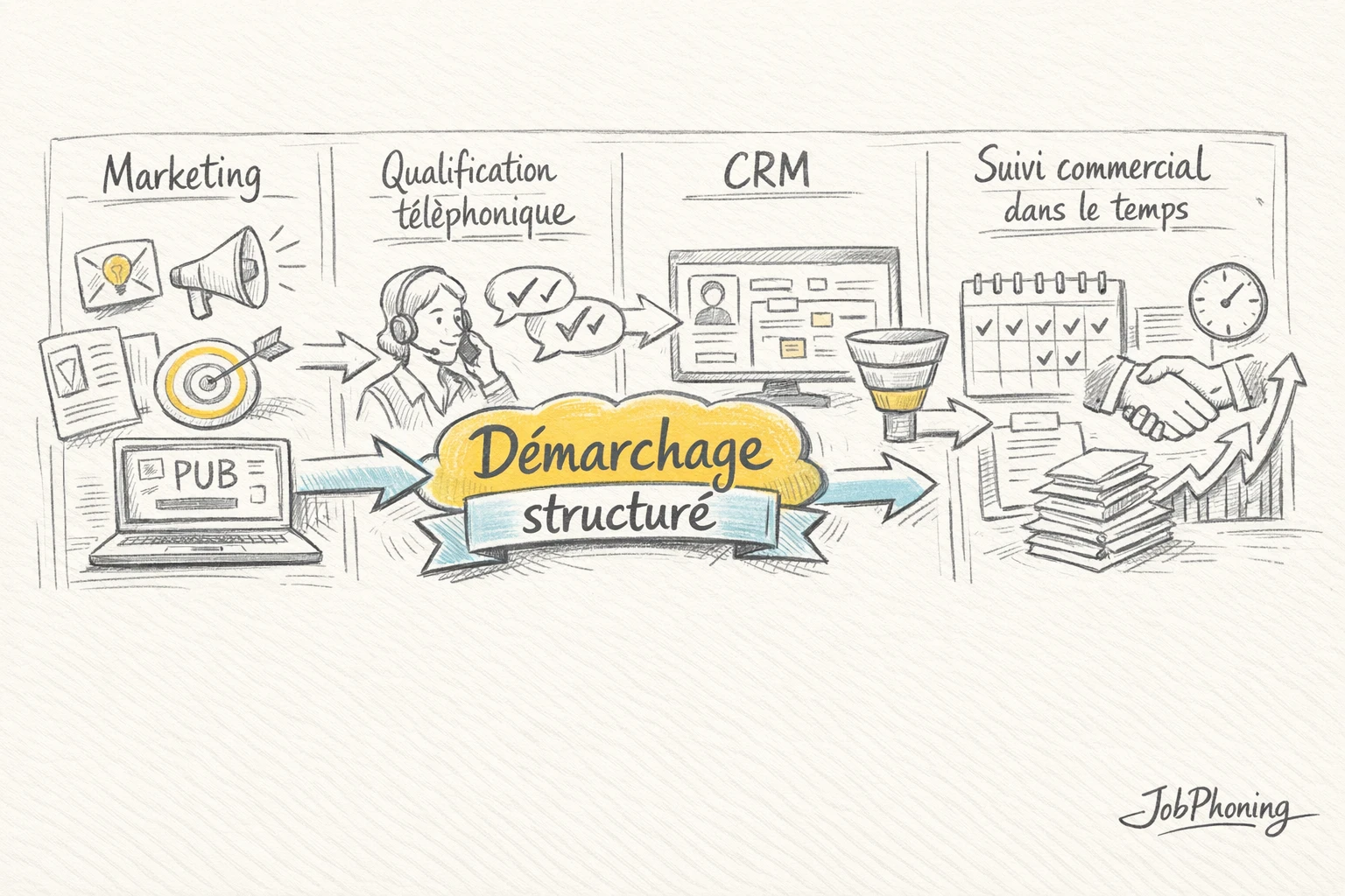 Schéma représentant l’intégration du démarchage aux parcours marketing via entonnoir, pipeline et base de données