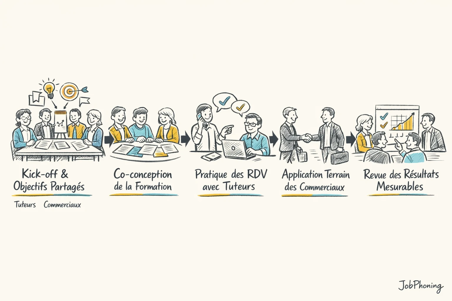 Schéma représentant un parcours de formation structuré via enchaînement de blocs et flèches minimalistes colorés.