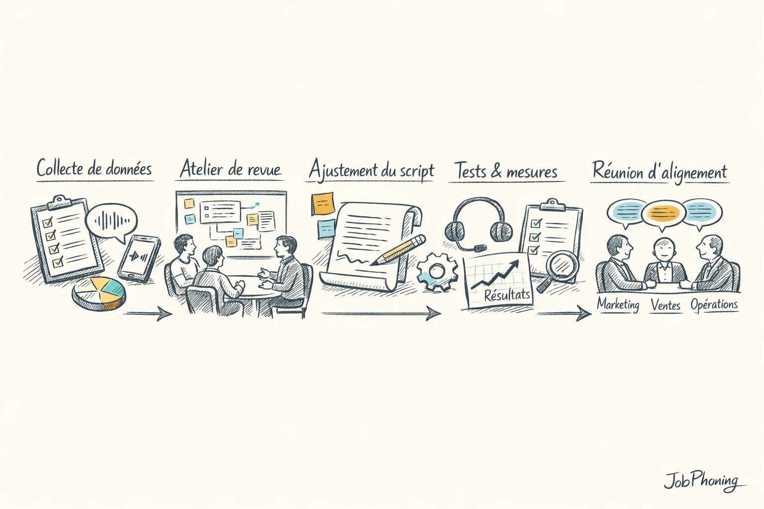 Schéma représentant un programme d’amélioration continue des scripts d’appels via blocs reliés et flèches successives.