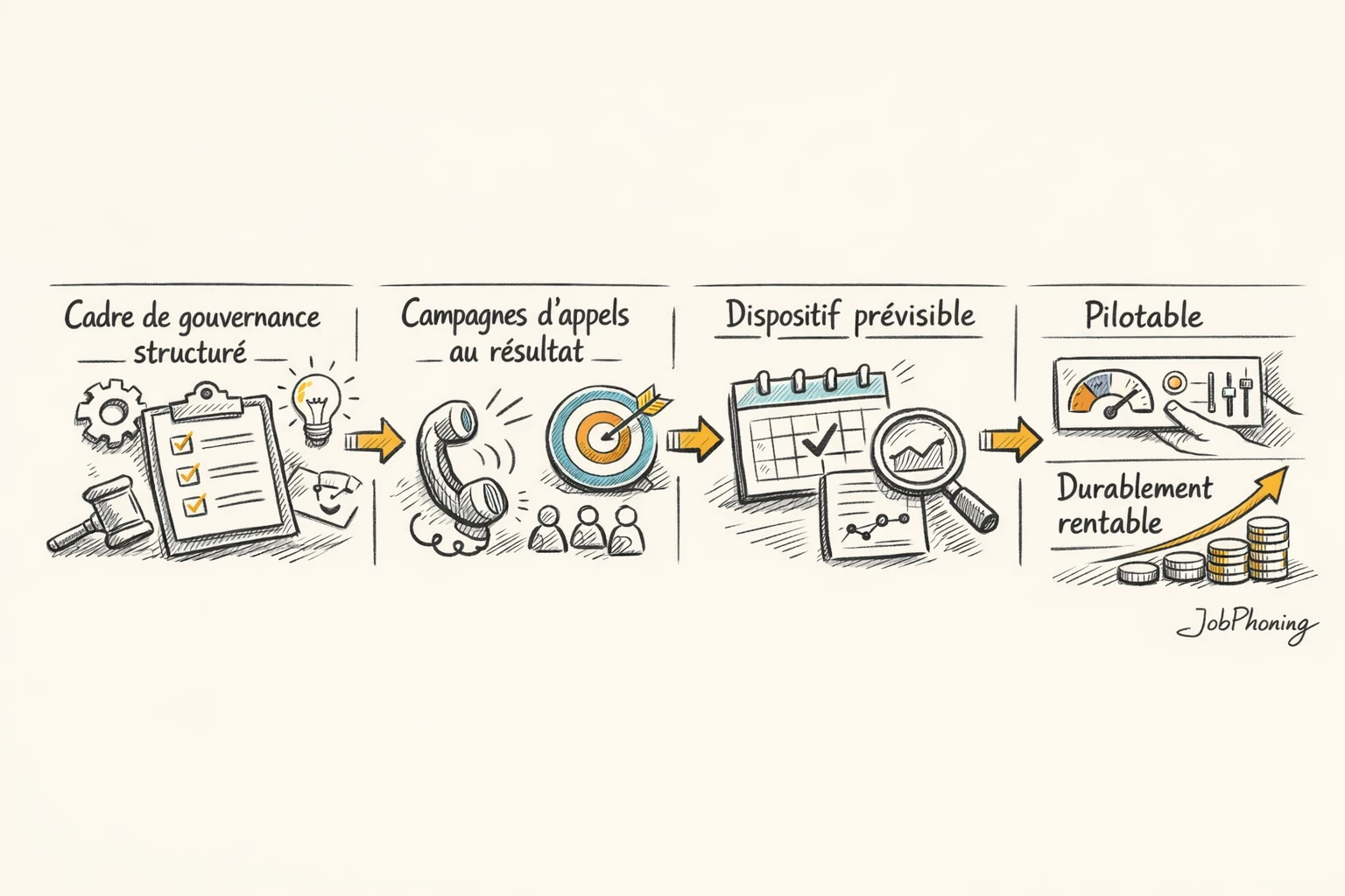 Schéma représentant un processus de gouvernance d’appels via enchaînement de blocs reliés et flèches directionnelles.
