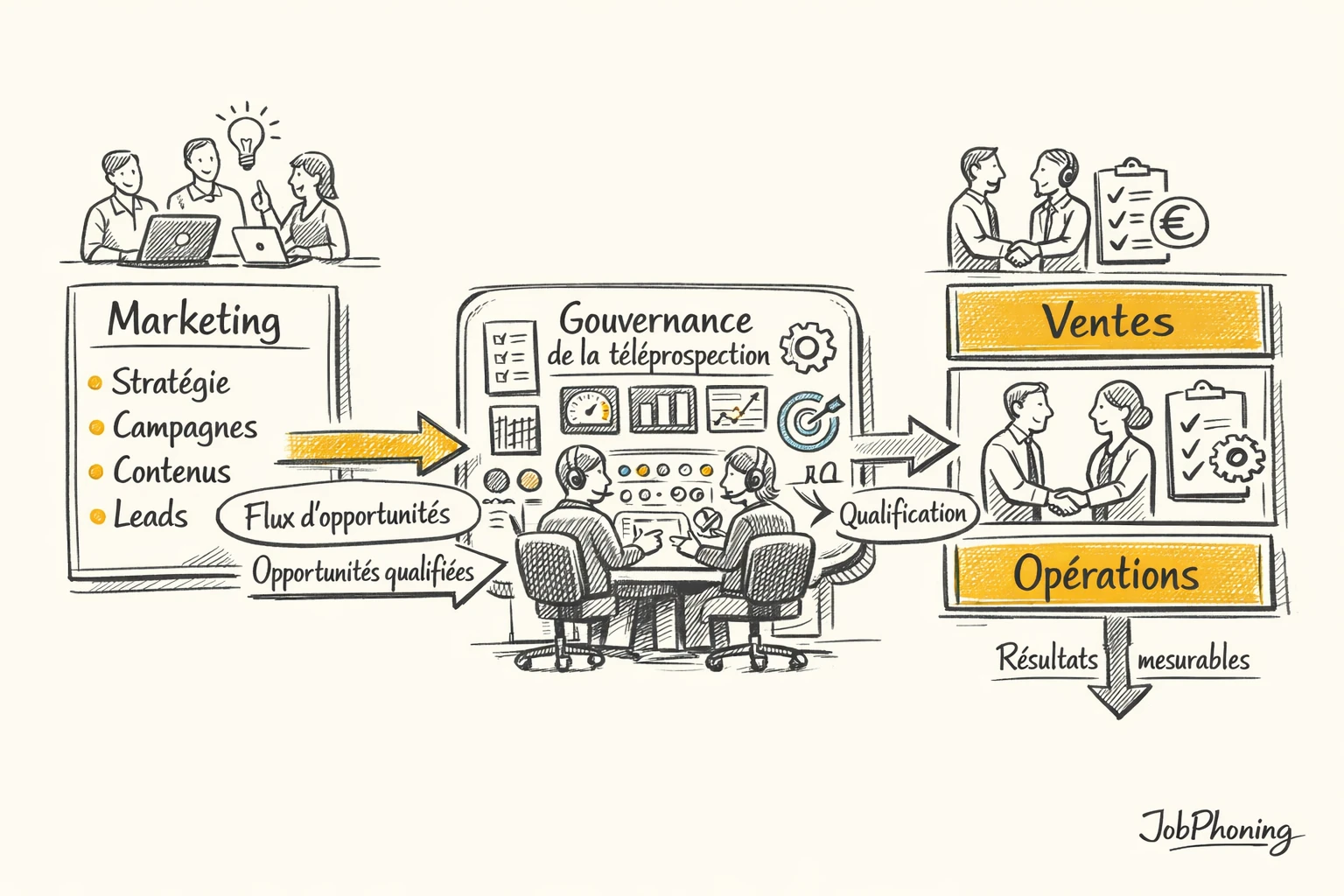 Schéma représentant la coordination marketing, ventes et opérations via hub central et flux géométriques d’opportunités.