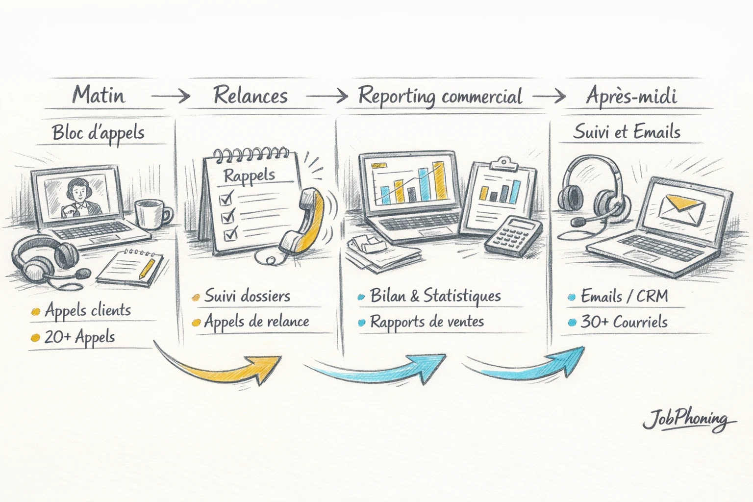 Schéma représentant l’organisation d’une journée d’appels en homeshoring via blocs chronologiques reliés par des flèches.