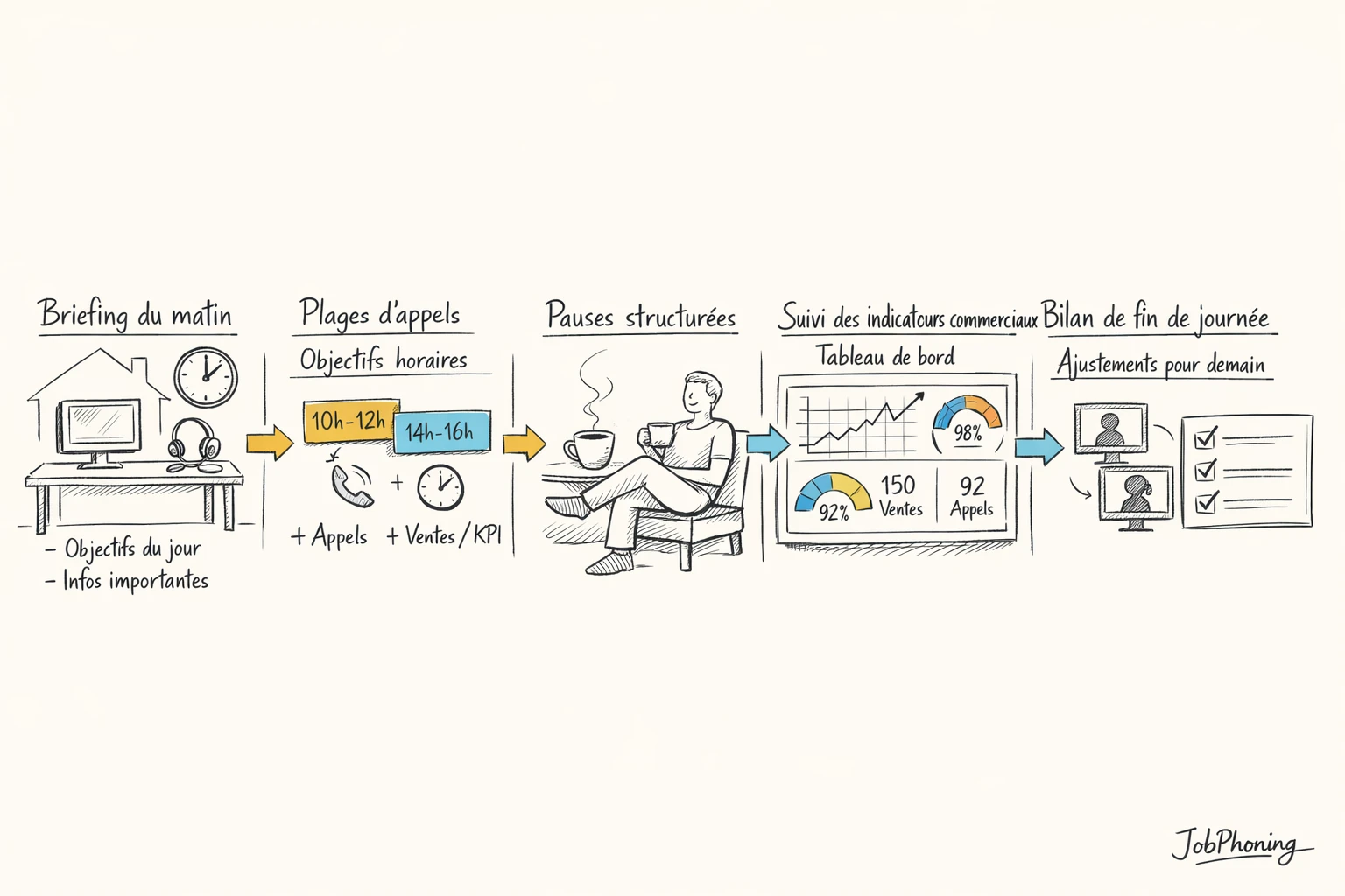 Infographie représentant la coordination journée téléopérateur et pilotage commercial via hub central et modules géométriques