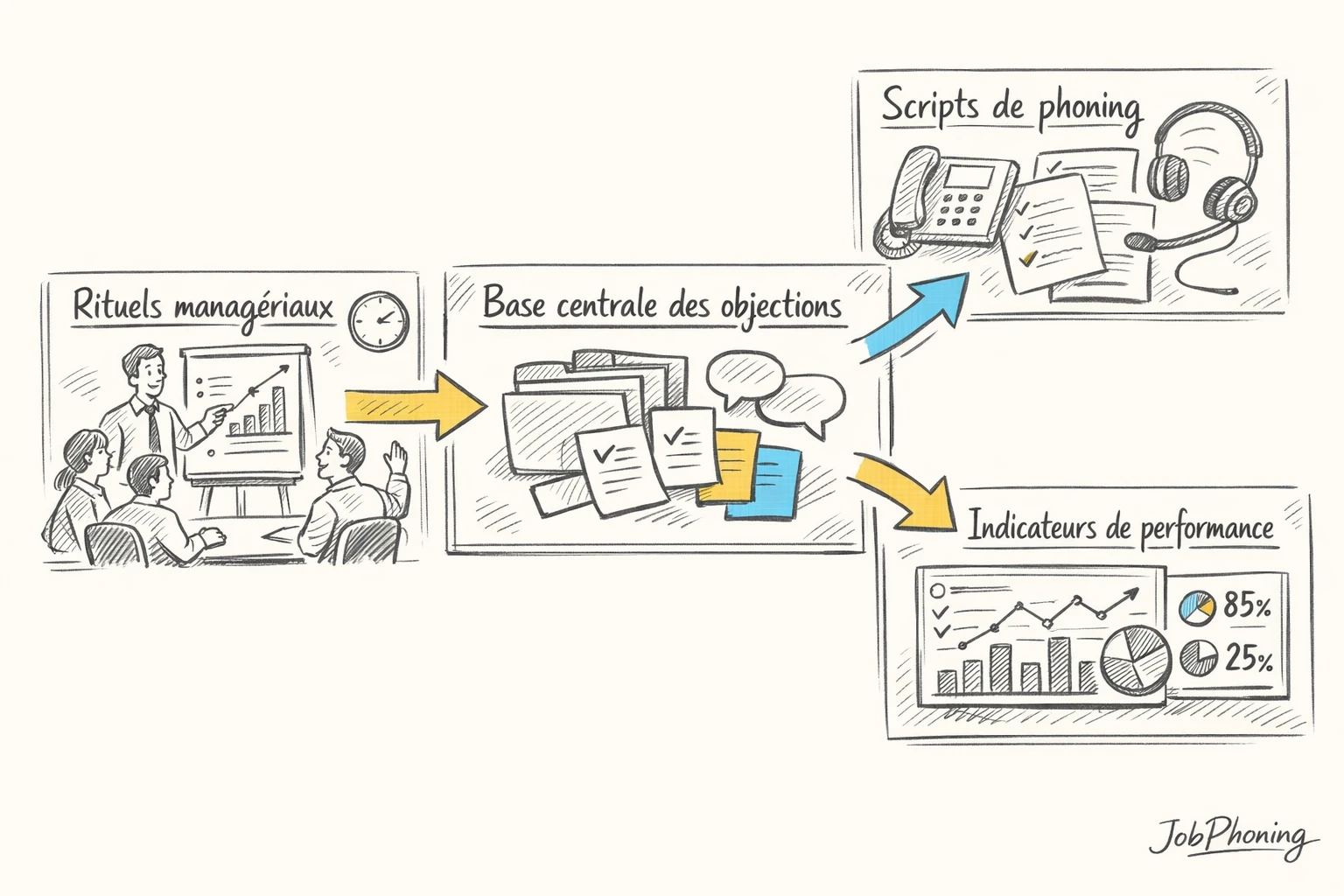 Infographie représentant l’intégration du suivi des objections via un cercle central connecté à plusieurs icônes