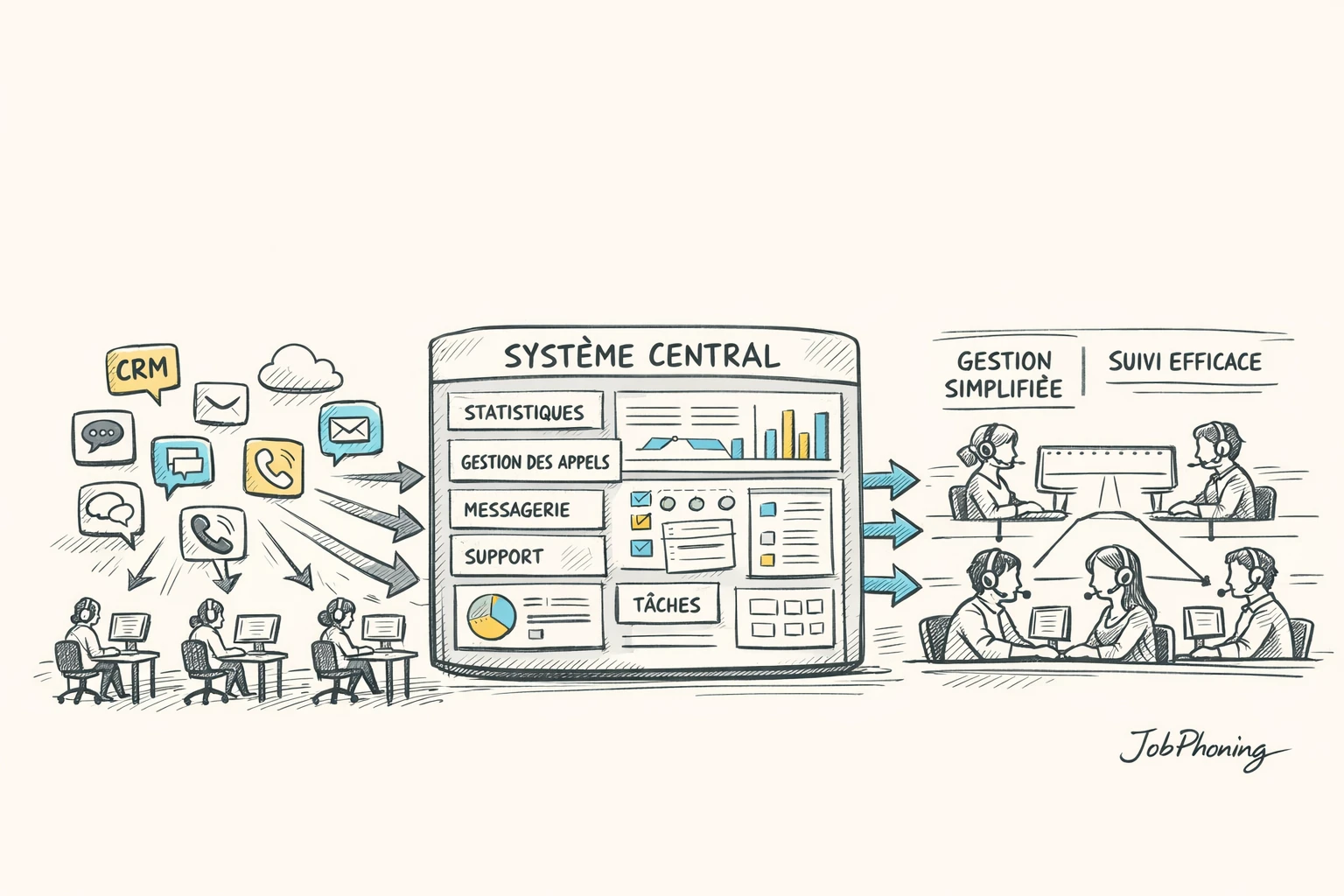 Schéma représentant un écosystème d’outils téléphoniques structuré via rectangles reliés et flux directionnels colorés.