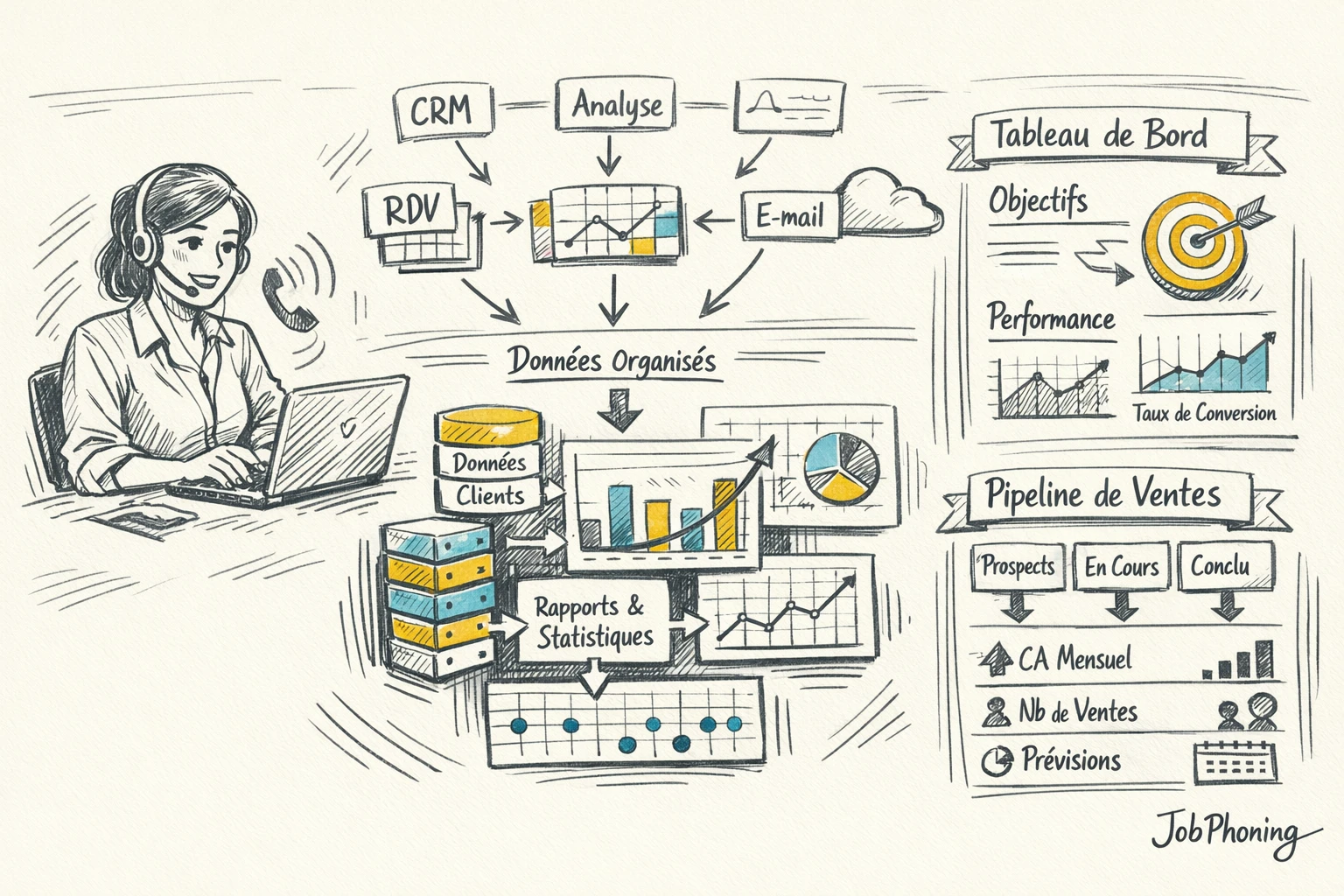 Schéma représentant un écosystème numérique de prospection homeshoring via hub central, bases CRM et tableaux
