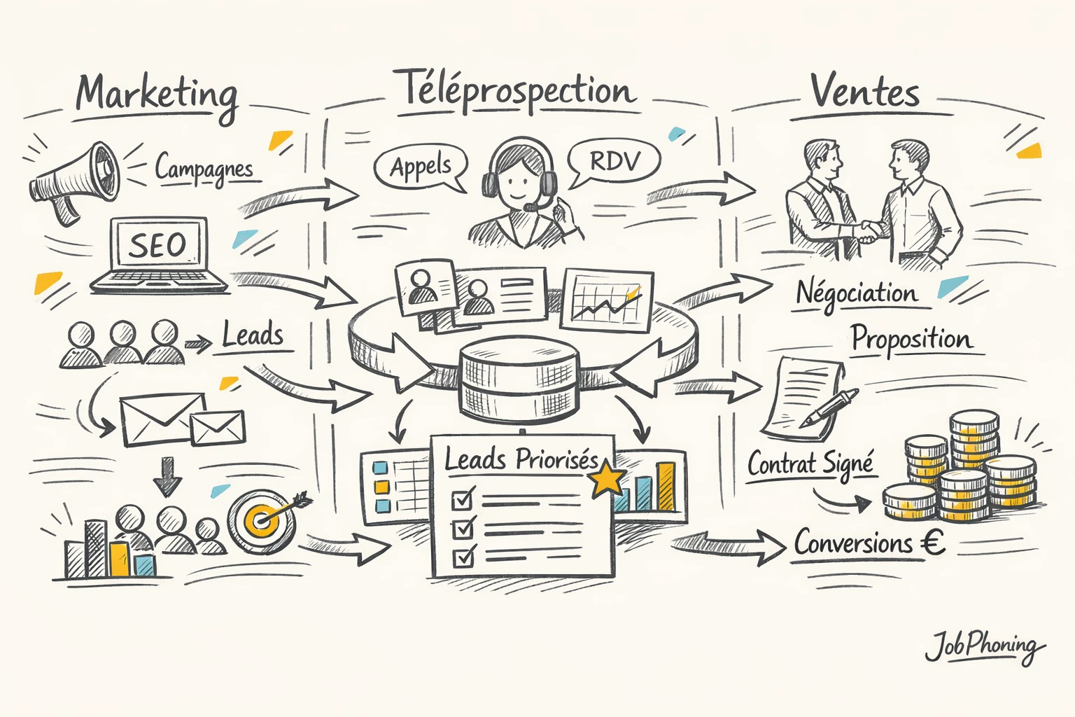Schéma représentant l’intégration marketing-téléprospection via entonnoir, pipeline, flèches circulaires et tableaux analytiques minimalistes.