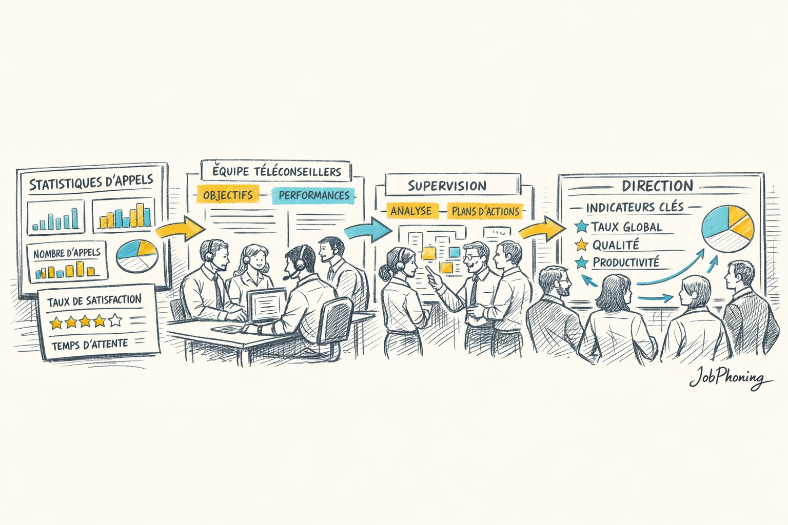 Infographie représentant la coordination des outils d’appels via un noyau central connecté à plusieurs blocs.