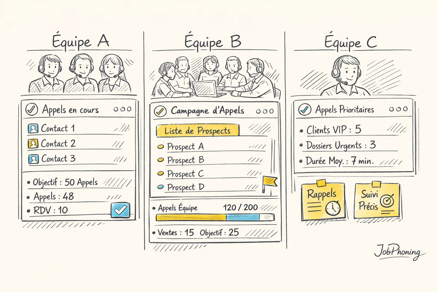 Infographie représentant différents usages d’un logiciel de téléprospection via trois colonnes de blocs rectangulaires contrastés.