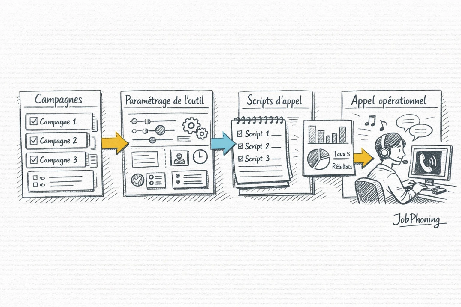 Schéma représentant la configuration d’un environnement de phoning via rectangles connectés et flèches séquentielles.