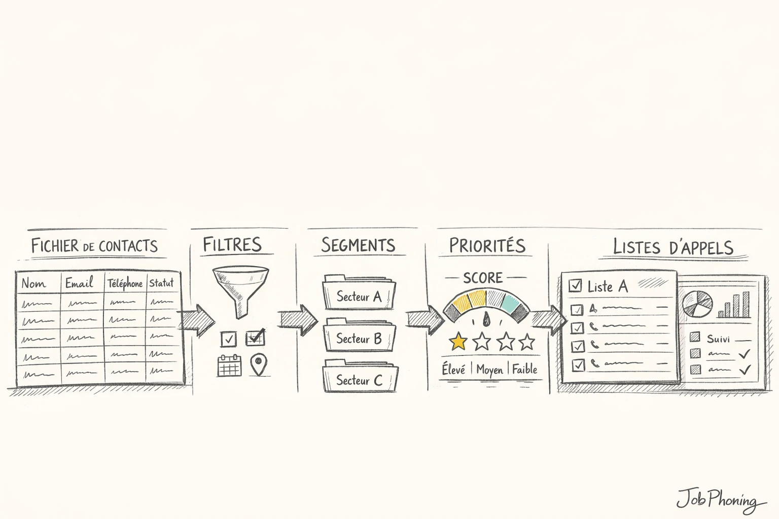 Schéma représentant la transformation de contacts bruts via blocs alignés et flèches séquentielles.