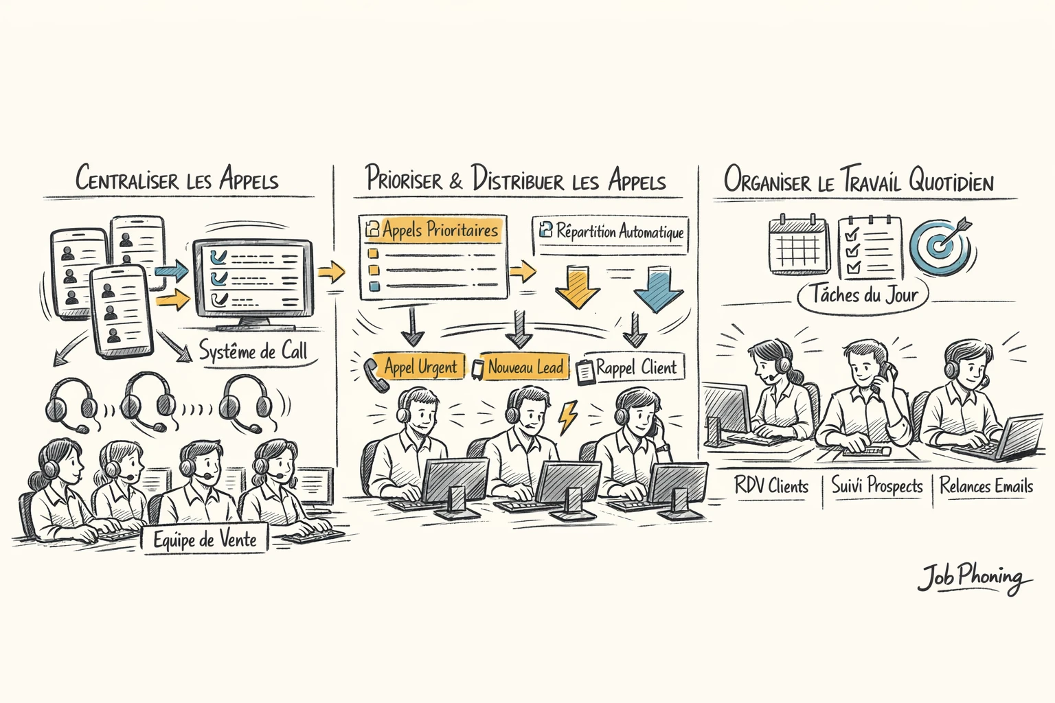 Schéma représentant l’organisation des listes d’appels via un hub central connecté à plusieurs colonnes de