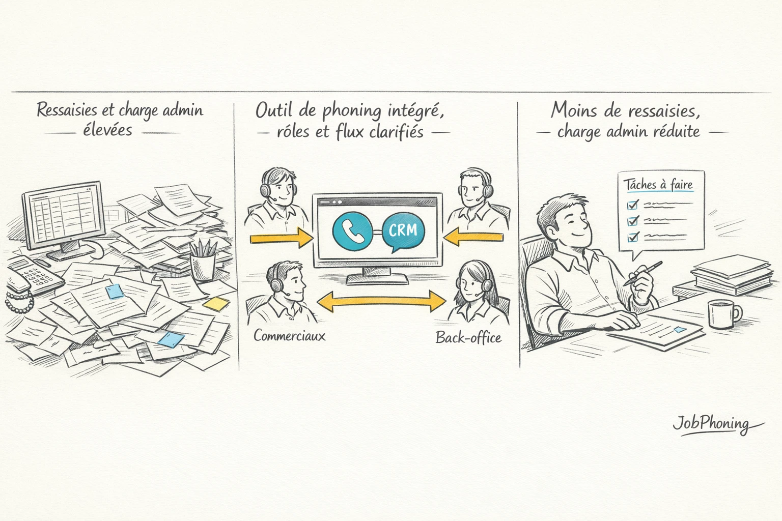 Schéma représentant l’intégration d’un outil de phoning via cercles reliés, flux simplifiés et blocs administratifs