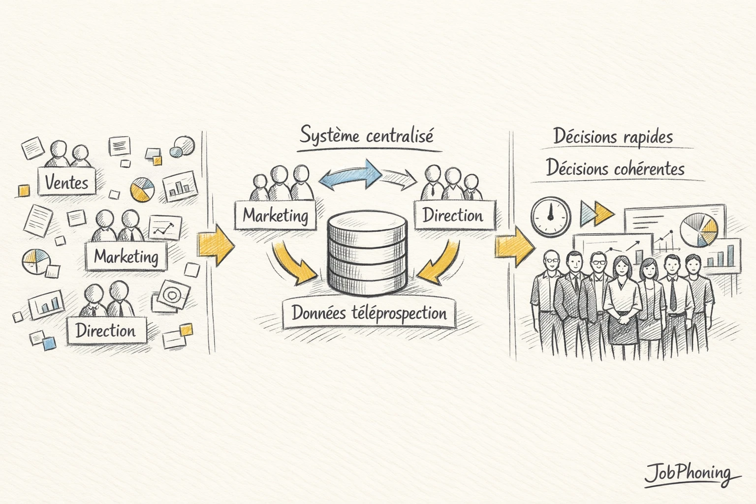 Schéma représentant l’intégration des données de téléprospection via un hub central relié à plusieurs blocs