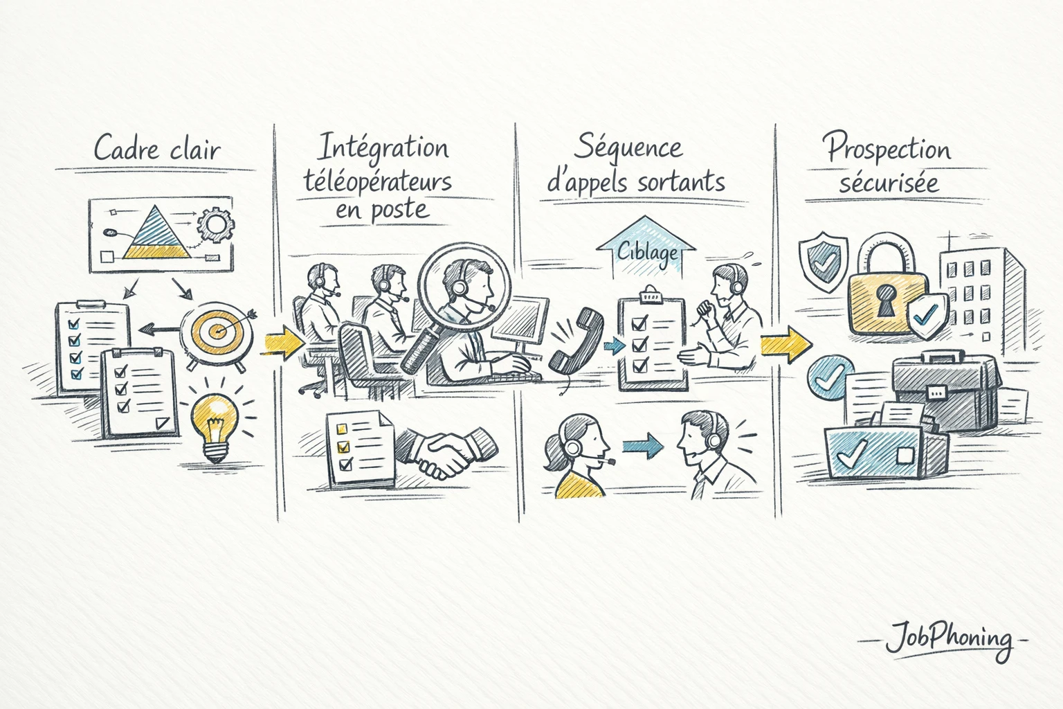 Schéma représentant l’organisation d’une prospection téléphonique via blocs séquentiels bleus et jaunes connectés.
